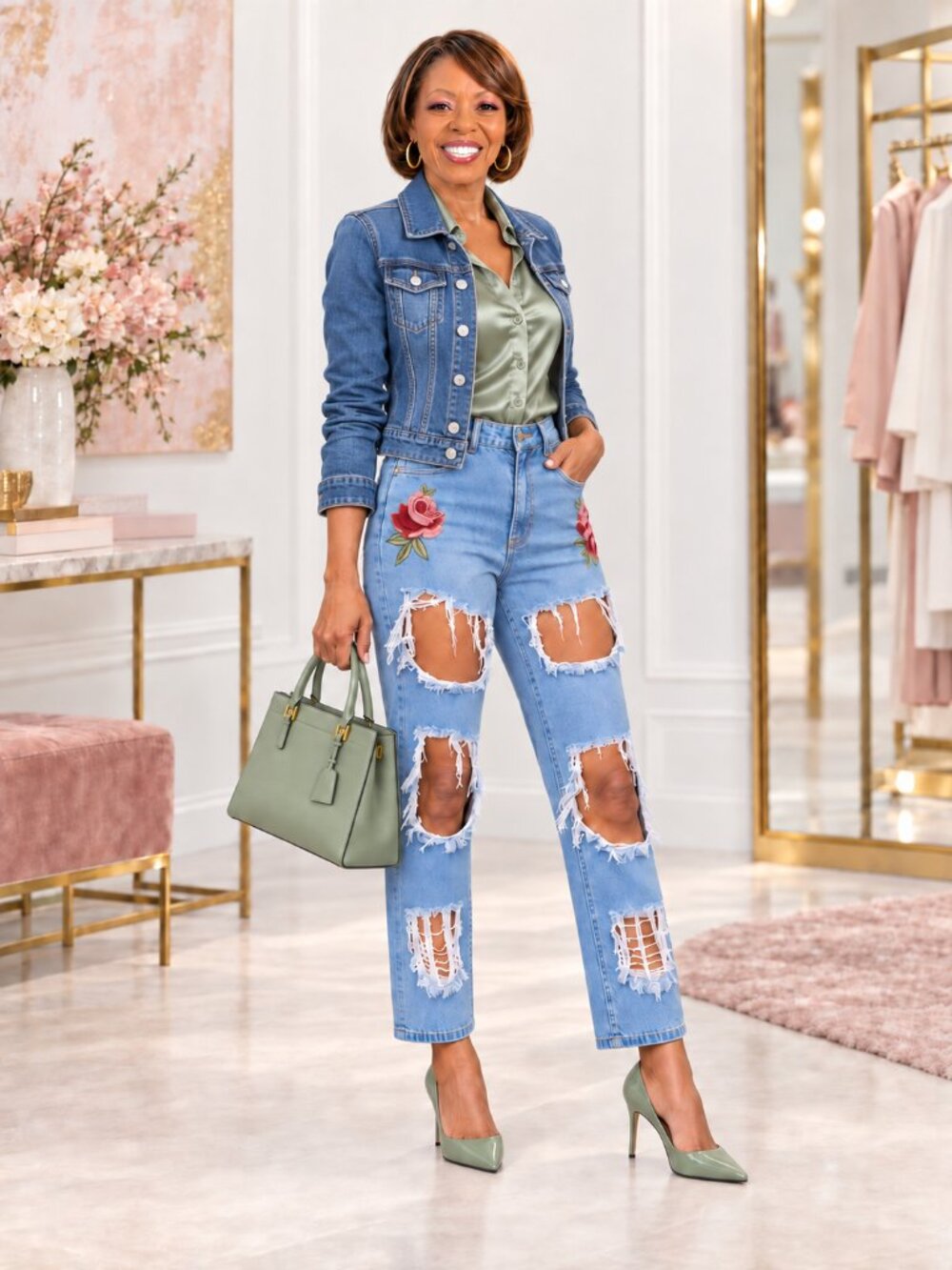 Rose Embroidered High Rise Distressed Straight Leg Jeans Small US 2–4
